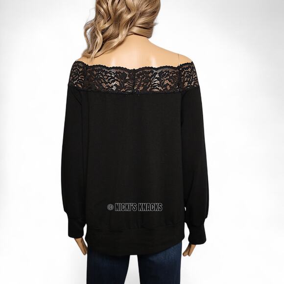 She & Sho Black Off Shoulder Lace Trim Long Sleeve Knit Blouse Size M - Picture 5 of 9